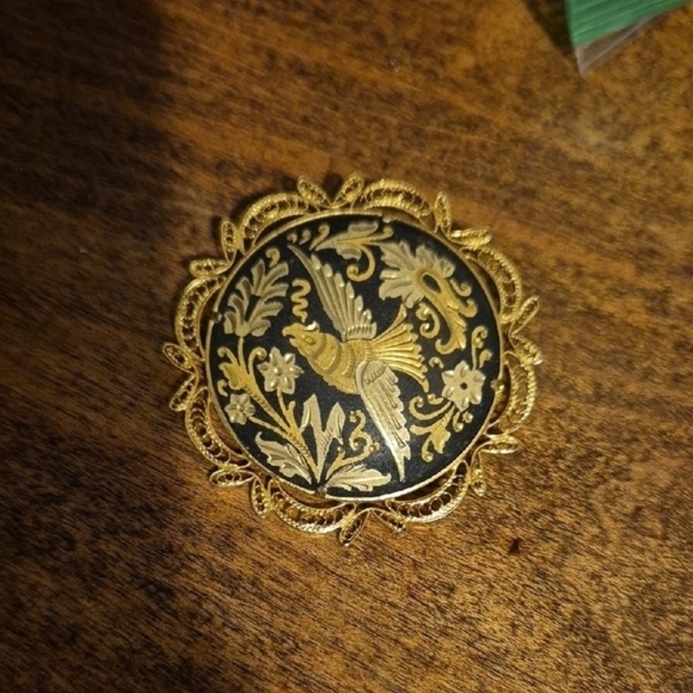 Vintage Gold Tone Damascene Bird Brooch 2"